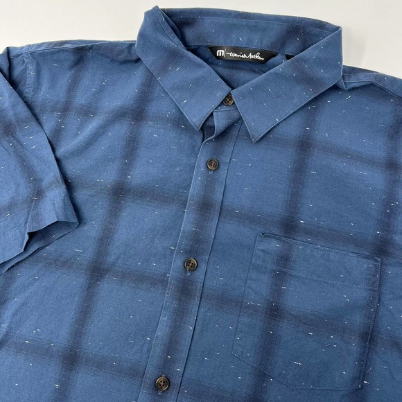 Travis Mathew Mens XL Button Up Shirt Short Sleeve Blue Black Plaid Cotton Blend - Picture 1 of 8